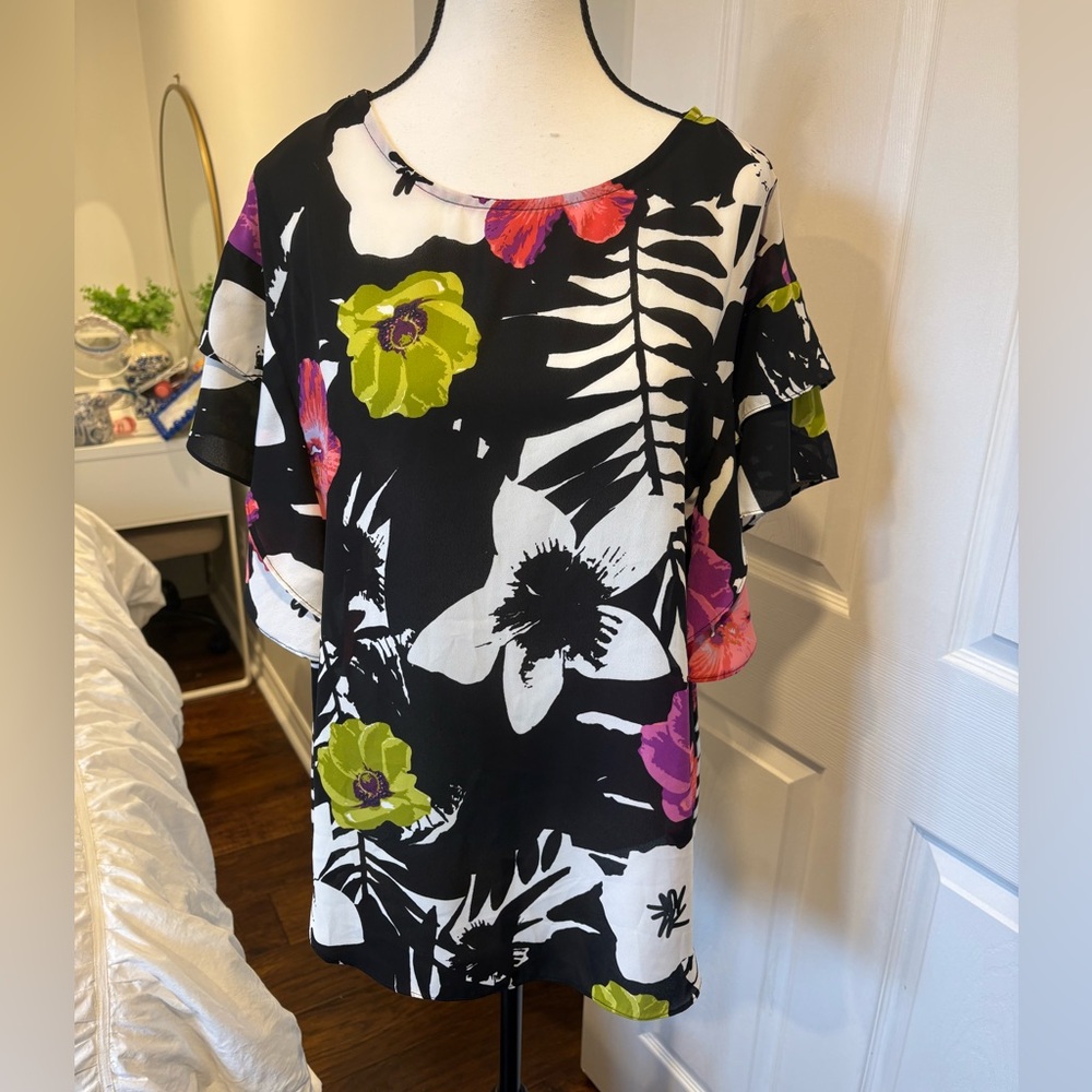 Frank Lyman Floral Flutter Sleeve Tunic Blouse Black Size 10
